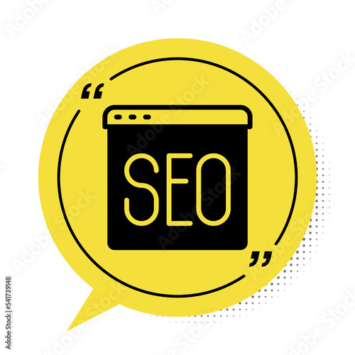 Black SEO optimization icon isolated on white background. Yellow speech bubble symbol. Vector