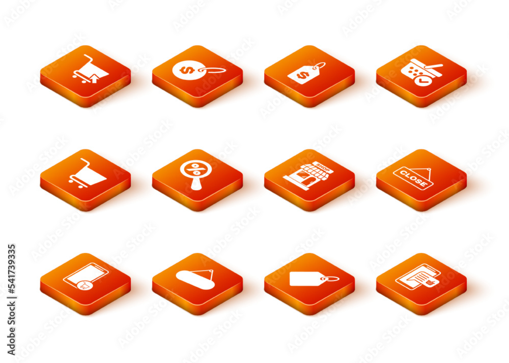Set Mobile and shopping cart, Signboard hanging, Shopping, Magnifying glass with percent, Label template price tag, Market store, basket and Hanging sign Close icon. Vector Set Mobile and shopping cart, Signboard hanging, Shopping, Magnifying glass with percent, Label template price tag, Market store, basket and Hanging sign Close icon. Vector