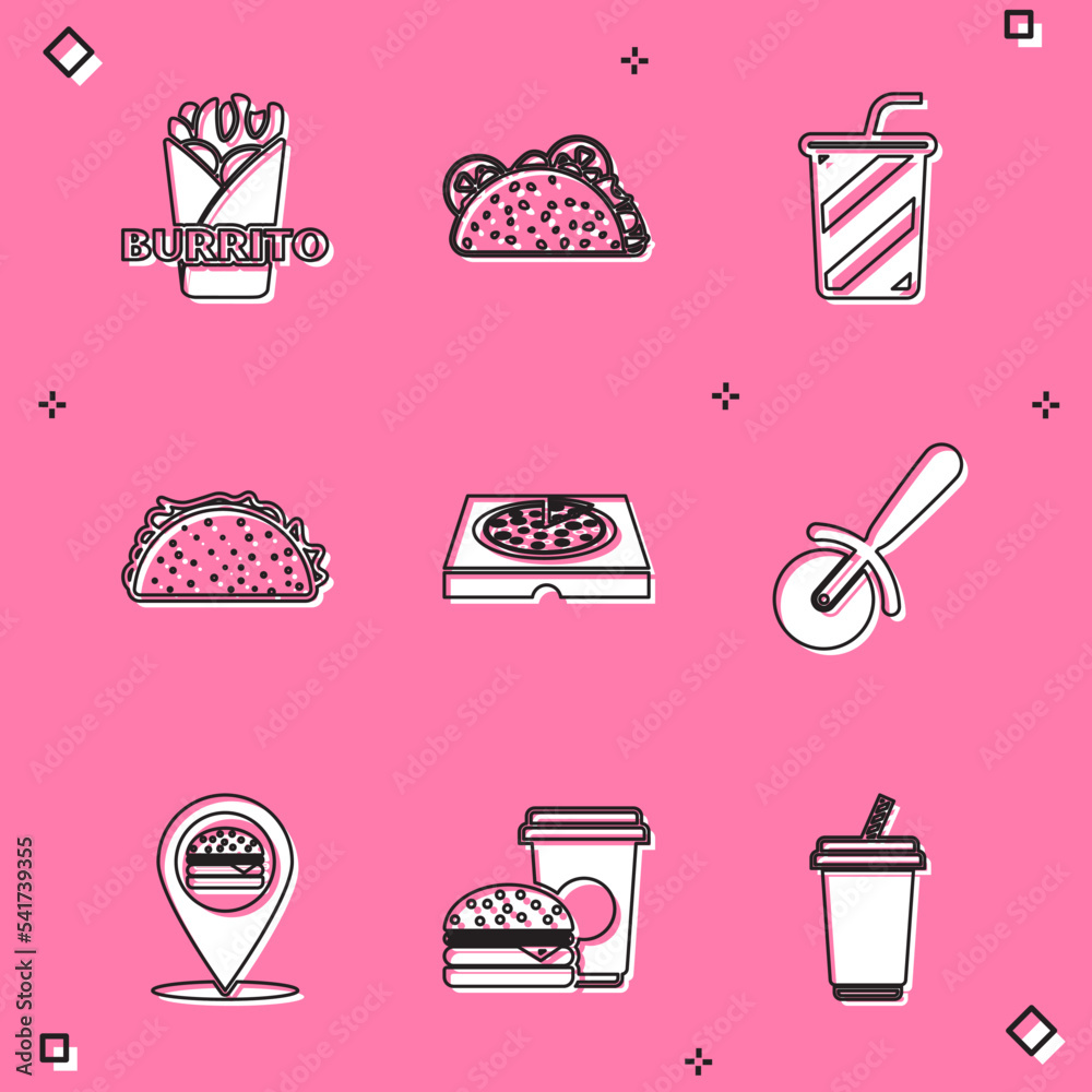 Set Burrito, Taco with tortilla, Glass water, Pizza in cardboard box, knife, Location burger and Coffee and icon. Vector Set Burrito, Taco with tortilla, Glass water, Pizza in cardboard box, knife, Location burger and Coffee and icon. Vector