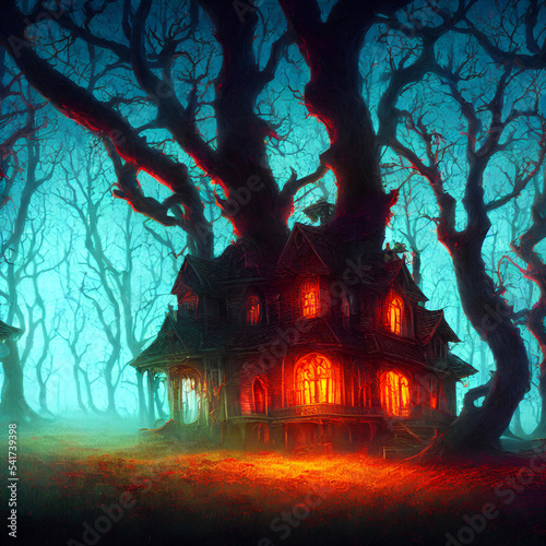 An Illustration of an old haunted house with light in its windows surrounded by trees in a dark forest