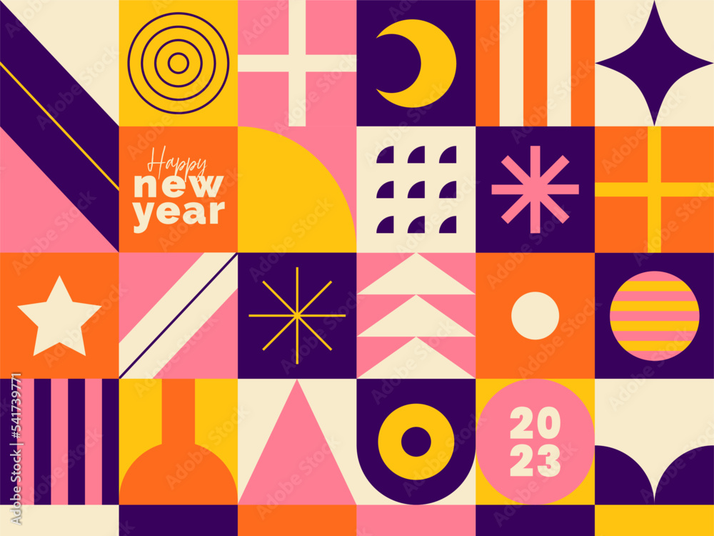 Happy new year graphic pattern. Geometric design. Abstract background. Decorative vector illustration. Winter holidays. Modern trendy patterns. Header with geometrical shapes. Bauhaus influence. Happy new year graphic pattern. Geometric design. Abstract background. Decorative vector illustration. Winter holidays. Modern trendy patterns. Header with geometrical shapes. Bauhaus influence.