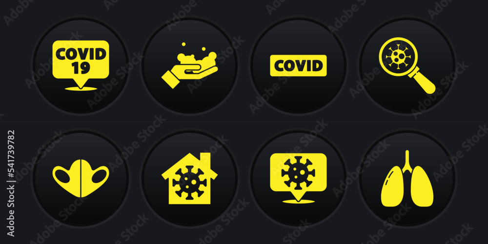 Set Medical protective mask, Virus under magnifying glass, Stay home, Corona virus on location, covid-19, Washing hands with soap, Lungs and icon. Vector Set Medical protective mask, Virus under magnifying glass, Stay home, Corona virus on location, covid-19, Washing hands with soap, Lungs and icon. Vector