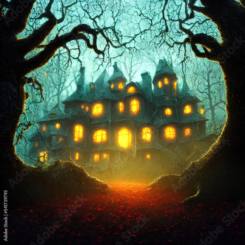An Illustration of an old haunted house with light in its windows surrounded by trees in a dark forest