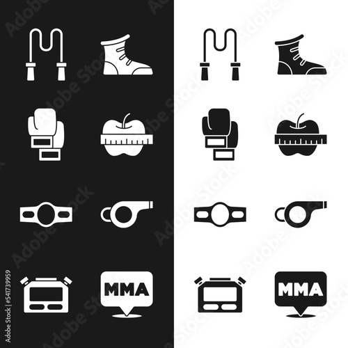 Set Apple and measuring tape, Boxing glove, Jump rope, Sport boxing shoes, belt, Whistle, Fight club MMA and Stopwatch icon. Vector