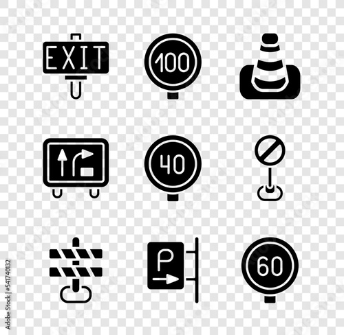 Set Fire exit, Speed limit traffic, Traffic cone, Road barrier, Parking, sign and icon. Vector