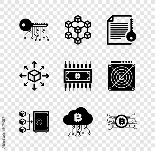 Set Cryptocurrency key, Blockchain technology, Smart contract, Proof of stake, cloud mining and bitcoin circuit icon. Vector