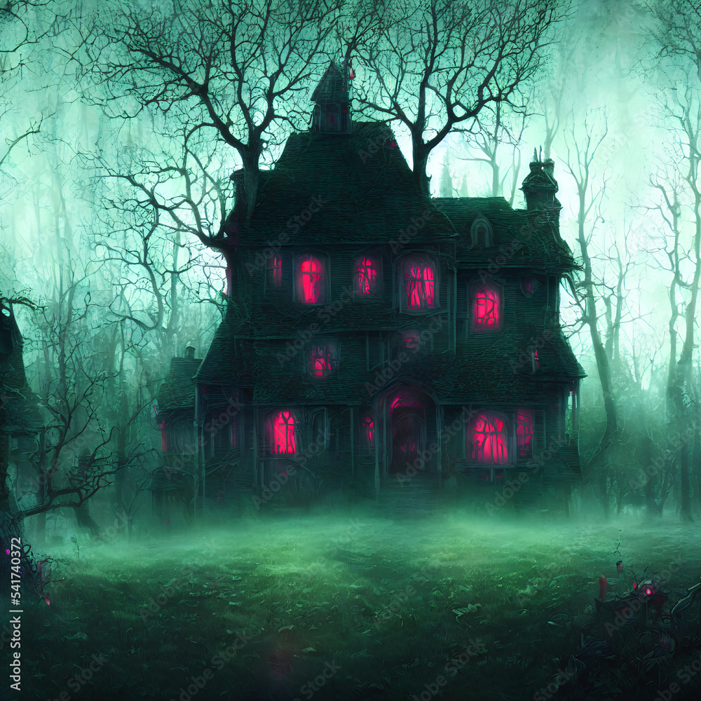 custom made wallpaper toronto digitalAn Illustration of an old haunted house with light in its windows surrounded by trees in a dark forest