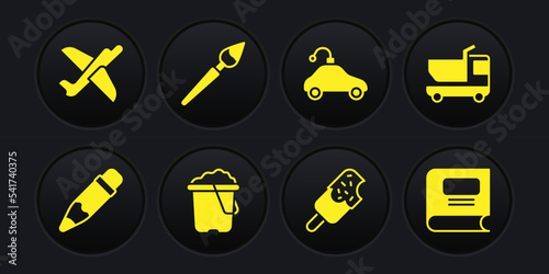 Set Pencil with eraser, Toy truck, Sand in bucket, Ice cream, Radio controlled car toy, Paint brush, Book and plane icon. Vector