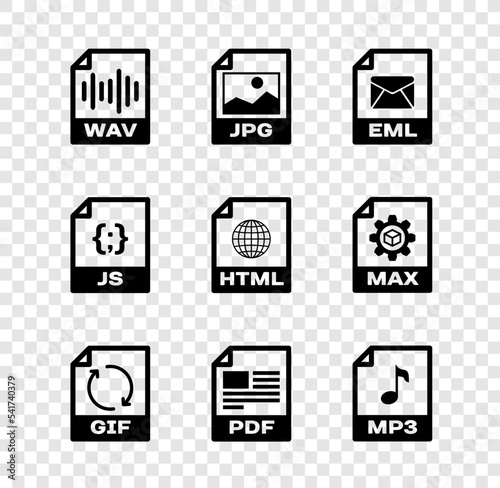 Set WAV file document, JPG, EML, GIF, PDF and MP3 icon. Vector
