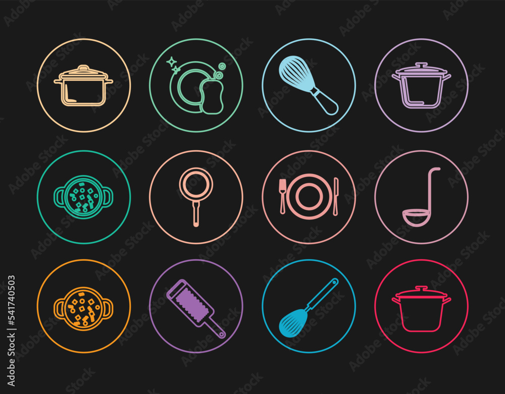 Set line Cooking pot, Kitchen ladle, whisk, Frying pan, soup, Plate, fork and knife and Washing dishes icon. Vector Set line Cooking pot, Kitchen ladle, whisk, Frying pan, soup, Plate, fork and knife and Washing dishes icon. Vector