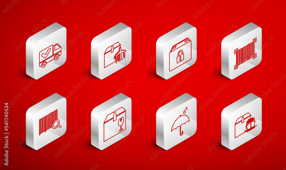Set line Cargo ship with boxes, Plane and cardboard, Locked package, Barcode, Umbrella rain drops, Delivery truck check mark, fragile content and Search barcode icon. Vector Set line Cargo ship with boxes, Plane and cardboard, Locked package, Barcode, Umbrella rain drops, Delivery truck check mark, fragile content and Search barcode icon. Vector