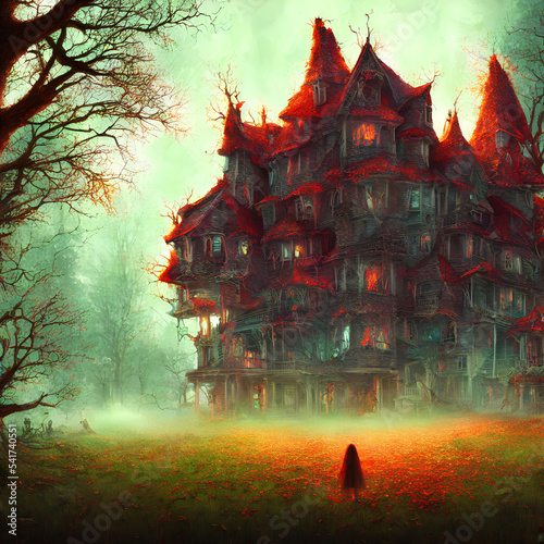 An Illustration of an old haunted house with light in its windows surrounded by trees in a dark forest