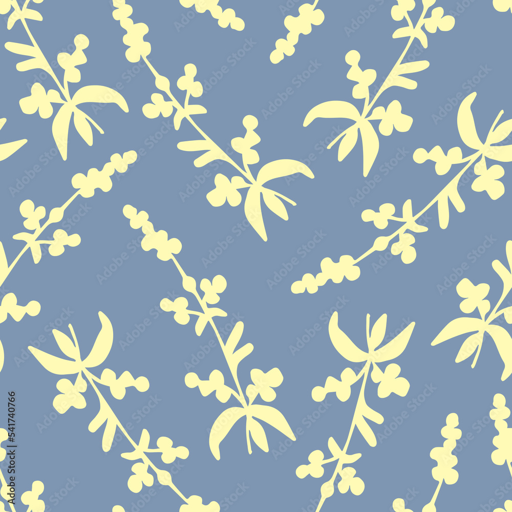 Simple calm floral vector seamless pattern. Light flower branches on a lilac background. For fabric prints, textile products, clothing.
