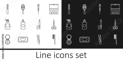 Set line Hairbrush, Scissors, Syringe, Spray can, Bottle of liquid soap, Nail file, Eyeliner, eyebrow and icon. Vector