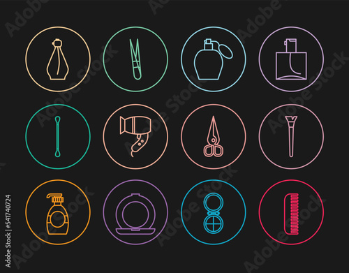 Set line Hairbrush, Makeup, Perfume, dryer, Cotton swab for ears, Scissors and Eyebrow tweezers icon. Vector