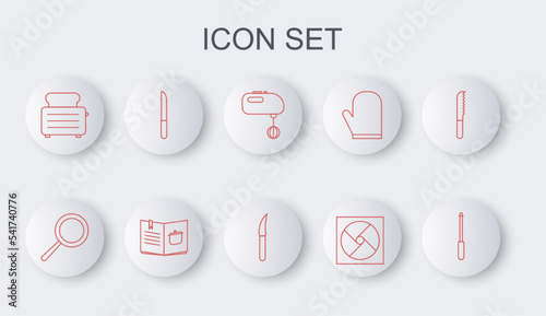 Set line Knife sharpener, Frying pan, Electric mixer, Ventilation, Toaster with toasts, Cookbook and icon. Vector