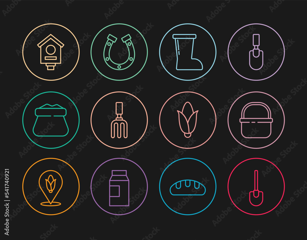 Set line Shovel, Basket, Waterproof rubber boot, Garden rake, Full sack, Bird house, Corn and Horseshoe icon. Vector Set line Shovel, Basket, Waterproof rubber boot, Garden rake, Full sack, Bird house, Corn and Horseshoe icon. Vector