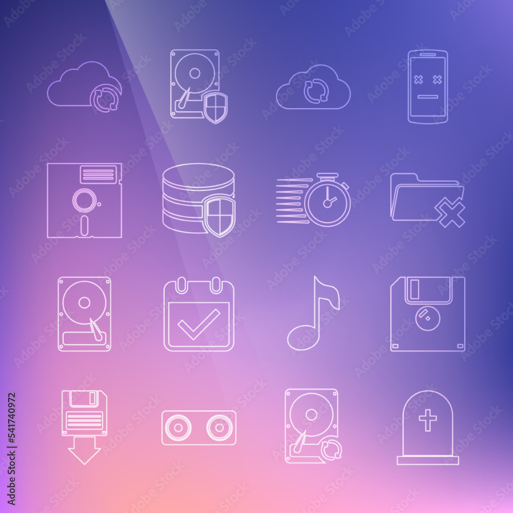 Set line Tombstone with cross, Floppy disk, Delete folder, Cloud sync refresh, Database protection, in the 5.25-inch, and Stopwatch icon. Vector Set line Tombstone with cross, Floppy disk, Delete folder, Cloud sync refresh, Database protection, in the 5.25-inch, and Stopwatch icon. Vector