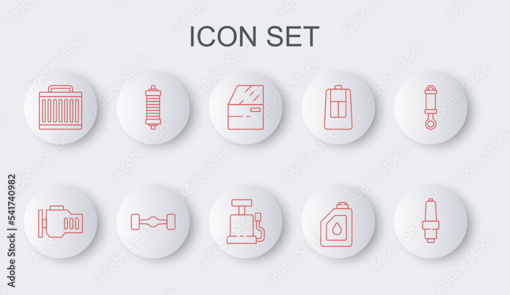 Set line Car spark plug, Check engine, door, Canister for motor oil, radiator cooling system, Shock absorber, Chassis car and air pump icon. Vector Set line Car spark plug, Check engine, door, Canister for motor oil, radiator cooling system, Shock absorber, Chassis car and air pump icon. Vector
