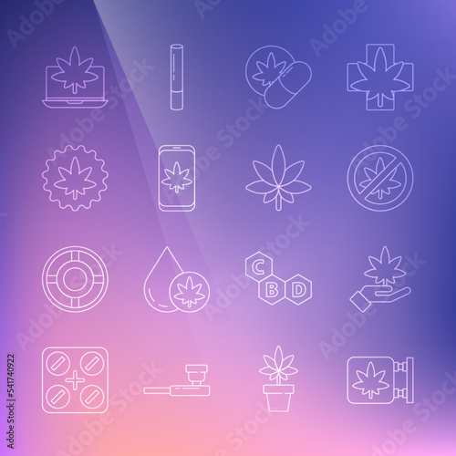 Set line Marijuana and cannabis store, leaf, Stop marijuana, Herbal ecstasy tablets, Mobile, Laptop and icon. Vector