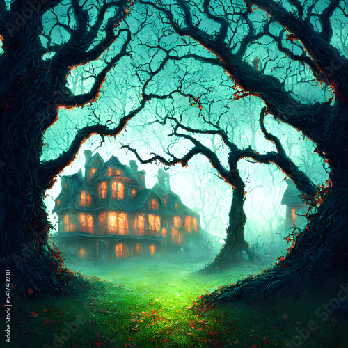 An Illustration of an old haunted house with light in its windows surrounded by trees in a dark forest