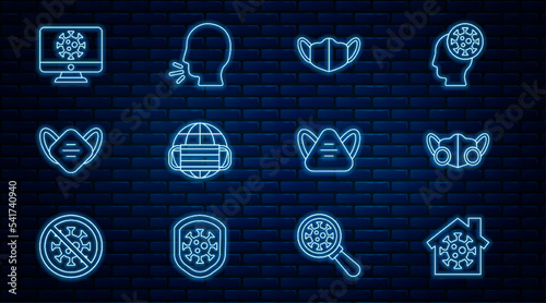 Set line Stay home, Medical protective mask, Earth with medical, Virus statistics on monitor, and Man coughing icon. Vector