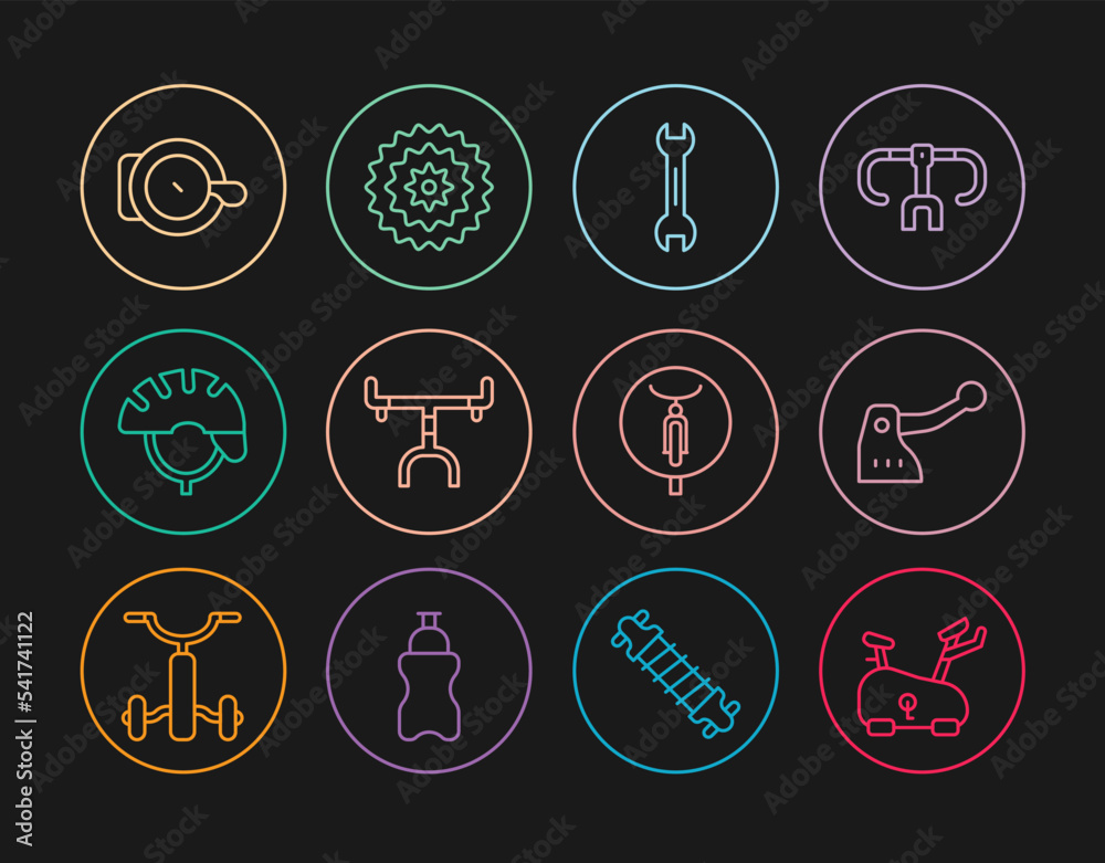 Set line Stationary bicycle, Bicycle brake, Wrench spanner, handlebar, helmet, bell, and cassette icon. Vector