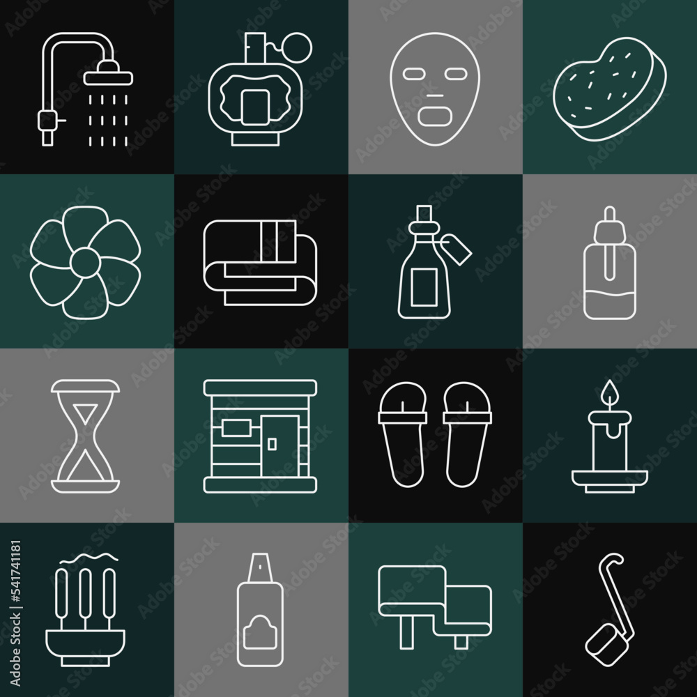 Set line Sauna ladle, Aroma candle, Essential oil bottle, Facial cosmetic mask, Towel stack, Flower, Shower and icon. Vector Set line Sauna ladle, Aroma candle, Essential oil bottle, Facial cosmetic mask, Towel stack, Flower, Shower and icon. Vector