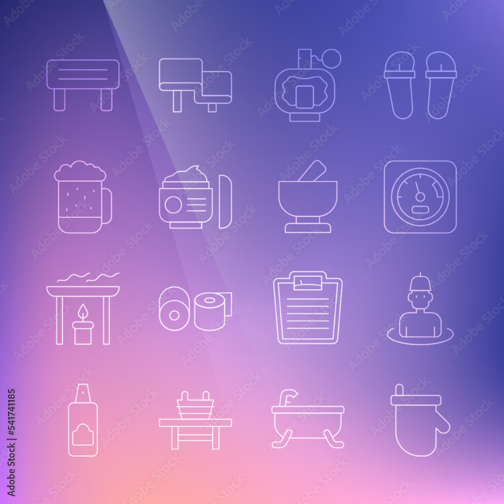 Set line Sauna mittens, Man in the sauna, thermometer, Aftershave, Cream or lotion cosmetic tube, Wooden beer mug, wood bench and Mortar and pestle icon. Vector Set line Sauna mittens, Man in the sauna, thermometer, Aftershave, Cream or lotion cosmetic tube, Wooden beer mug, wood bench and Mortar and pestle icon. Vector