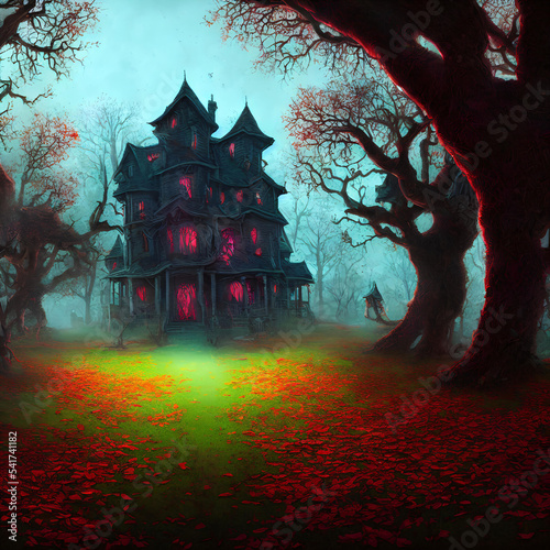 An Illustration of an old haunted house with light in its windows surrounded by trees in a dark forest