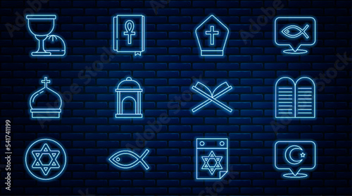 Set line Star and crescent, The commandments, Pope hat, Muslim Mosque, Church tower, Holy grail or chalice, book of Koran and Cross ankh icon. Vector