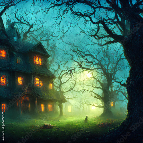 An Illustration of an old haunted house with light in its windows surrounded by trees in a dark forest