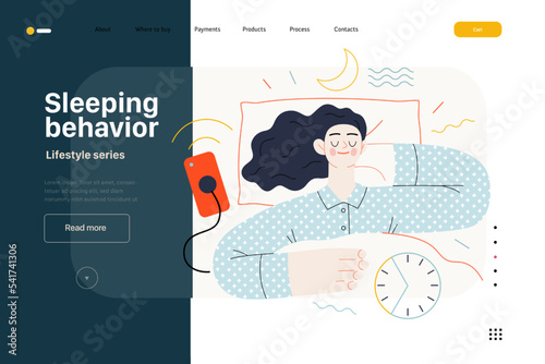 Lifestyle web template -Sleeping behaviour -modern flat vector illustration of woman sleeping in her bed showing the benefits of good sleeping habit, eight hours normal sleep People activities concept