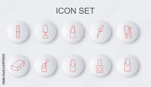 Set line Nail manicure, file, Broken nail, Bottle of polish, Milling cutter for, and icon. Vector
