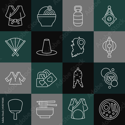 Set line Ramen, South Korean won coin, lantern, hat, Traditional fan, Kimono and map icon. Vector