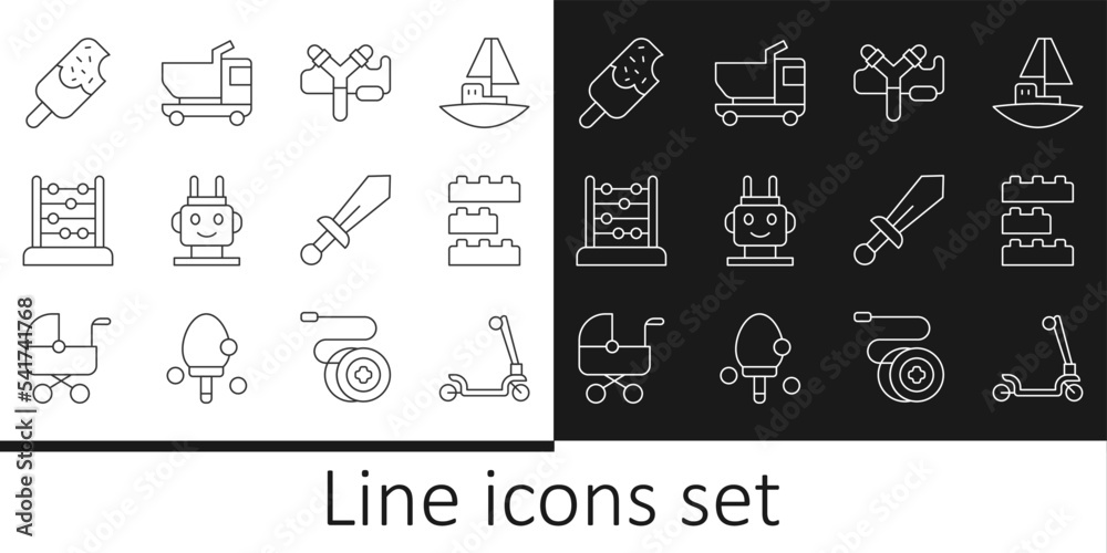 Set line Roller scooter, Toy building block bricks, Slingshot, Robot toy, Abacus, Ice cream, Sword and truck icon. Vector