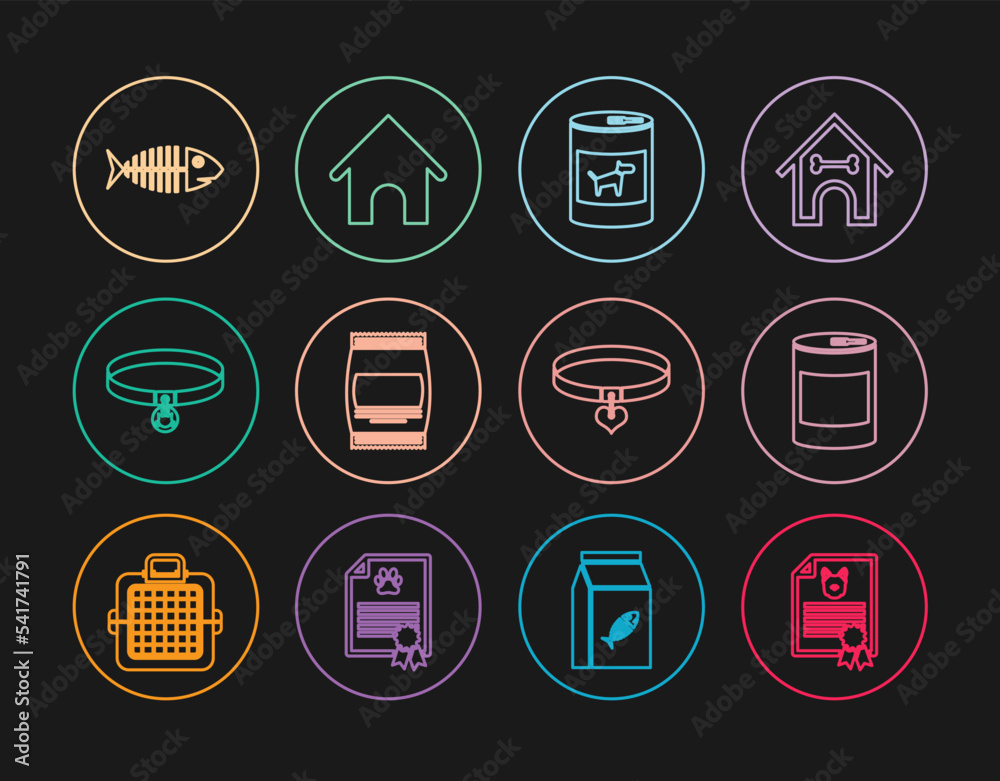 Set line Certificate for dog or cat, Canned food, Bag of, Cat collar, Fish skeleton, Collar and heart and Dog house icon. Vector Set line Certificate for dog or cat, Canned food, Bag of, Cat collar, Fish skeleton, Collar and heart and Dog house icon. Vector