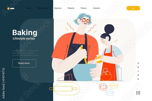 Lifestyle web template -Baking -modern flat vector illustration of a man and a girl wearing aprons making dough baking cookies. The girl is pouring some milk into mixture. People activities concept