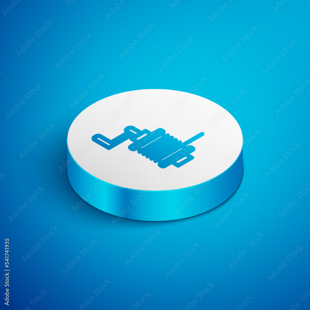 Isometric line Spinning reel for fishing icon isolated on blue background. Fishing coil. Fishing tackle. White circle button. Vector Isometric line Spinning reel for fishing icon isolated on blue background. Fishing coil. Fishing tackle. White circle button. Vector