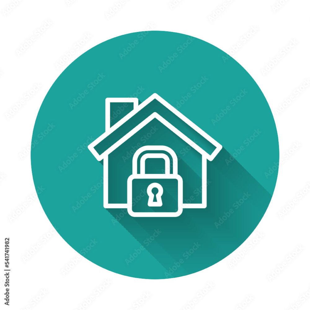 White line House under protection icon isolated with long shadow. Home and lock. Protection, safety, security, protect, defense concept. Green circle button. Vector White line House under protection icon isolated with long shadow. Home and lock. Protection, safety, security, protect, defense concept. Green circle button. Vector
