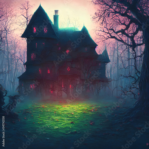 An Illustration of an old haunted house with light in its windows surrounded by trees in a dark forest
