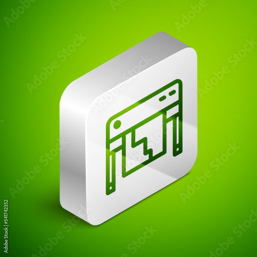 Isometric line Plotter icon isolated on green background. Large format multifunction printer. Polygraphy, printshop service. Silver square button. Vector