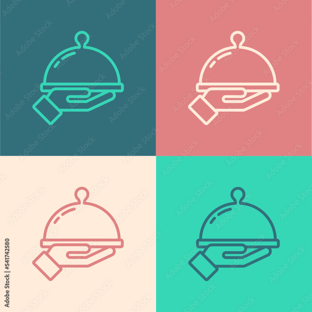 Pop art line Covered with a tray of food icon isolated on color background. Tray and lid sign. Restaurant cloche with lid. Vector Pop art line Covered with a tray of food icon isolated on color background. Tray and lid sign. Restaurant cloche with lid. Vector
