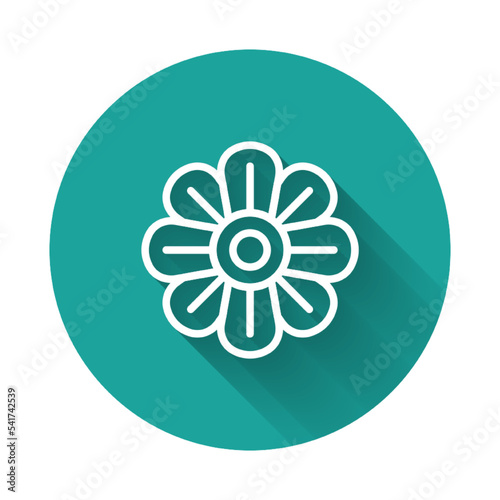 White line Flower icon isolated with long shadow background. Green circle button. Vector