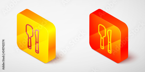Isometric line Knife and spoon icon isolated on grey background. Cooking utensil. Cutlery sign. Yellow and orange square button. Vector
