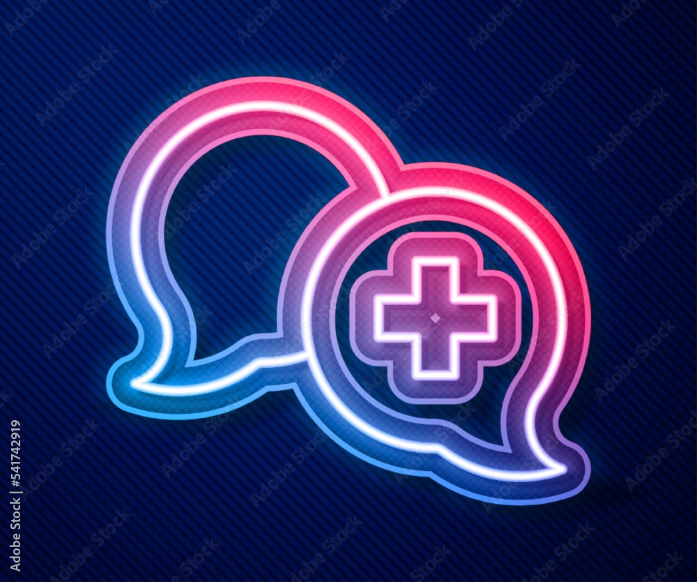 Fototapeta premium Glowing neon line Dialogue with the doctor icon isolated on blue background. Doctor and patient dialog. Consulting about medical health services. Vector