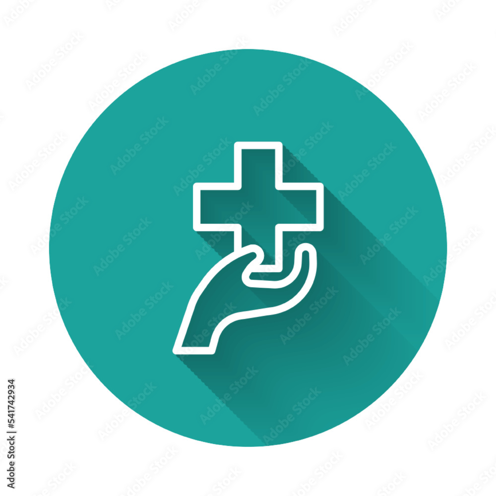 White line Heart with a cross icon isolated with long shadow background. First aid. Healthcare, medical and pharmacy sign. Green circle button. Vector