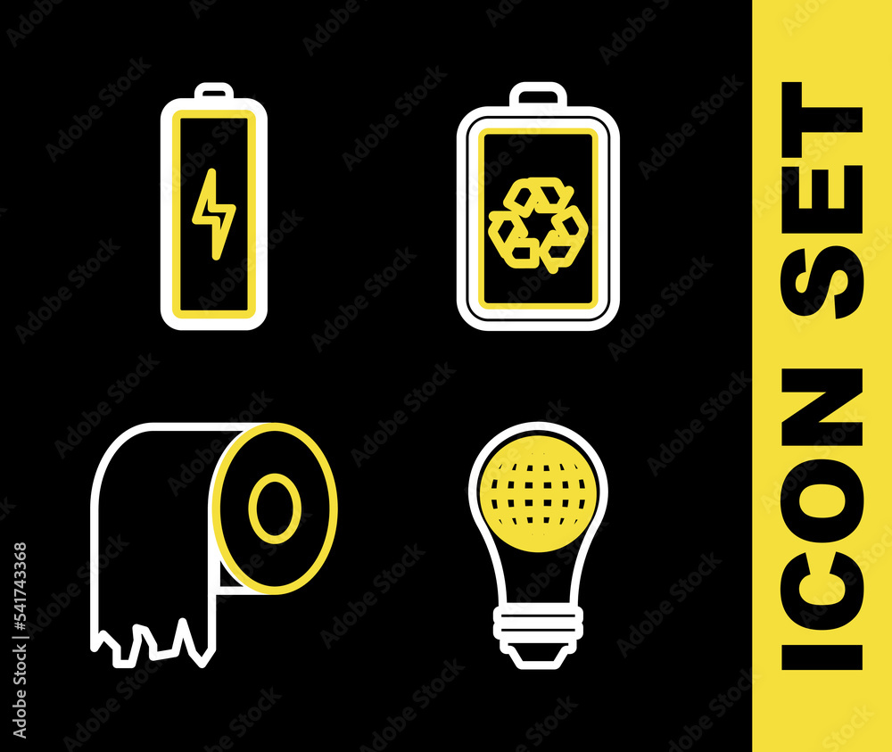 Set line Battery with recycle, Light bulb world globe, Toilet paper roll and icon. Vector Set line Battery with recycle, Light bulb world globe, Toilet paper roll and icon. Vector
