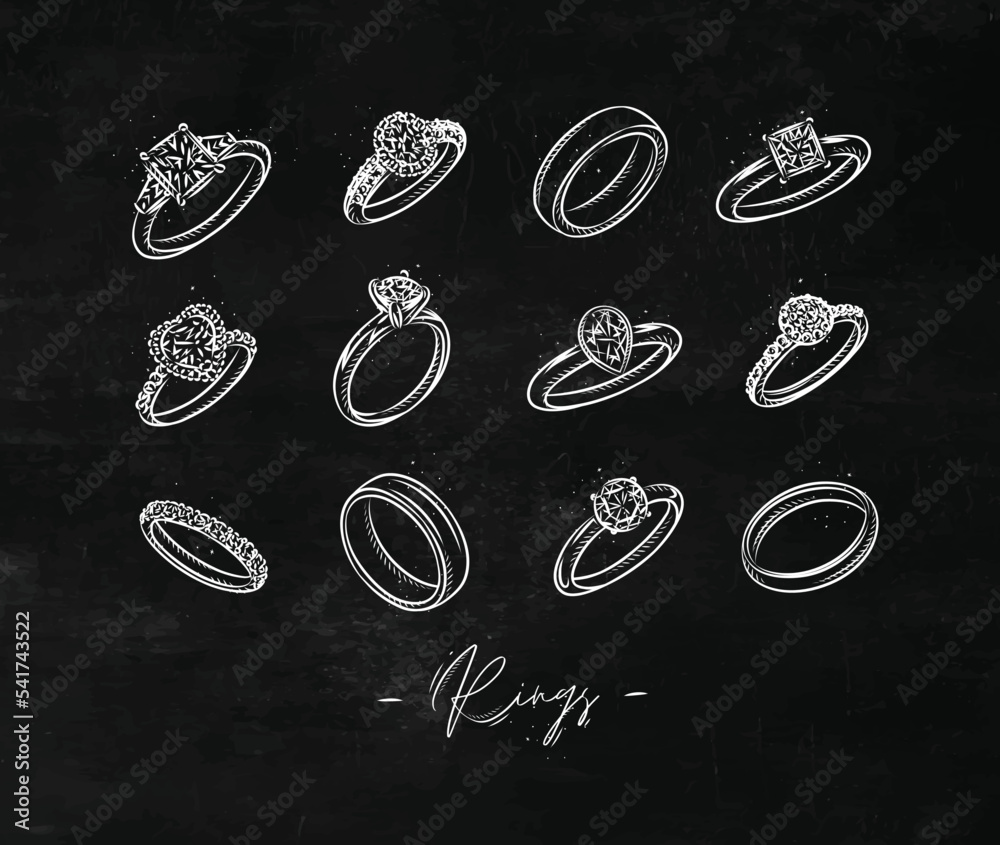 Set of jewelry, engagement and wedding ring drawing in graphic vintage style on chalkboard background