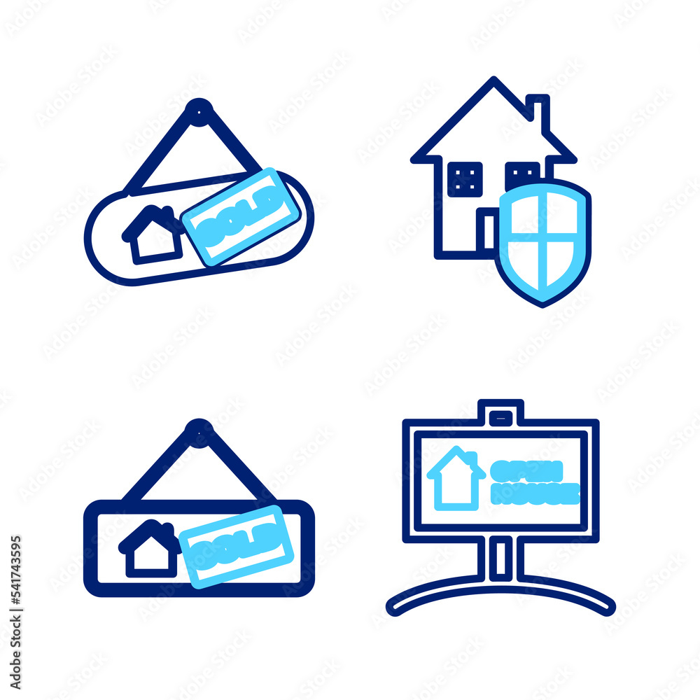 Set line Hanging sign with Open house, Sold, House under protection and icon. Vector Set line Hanging sign with Open house, Sold, House under protection and icon. Vector